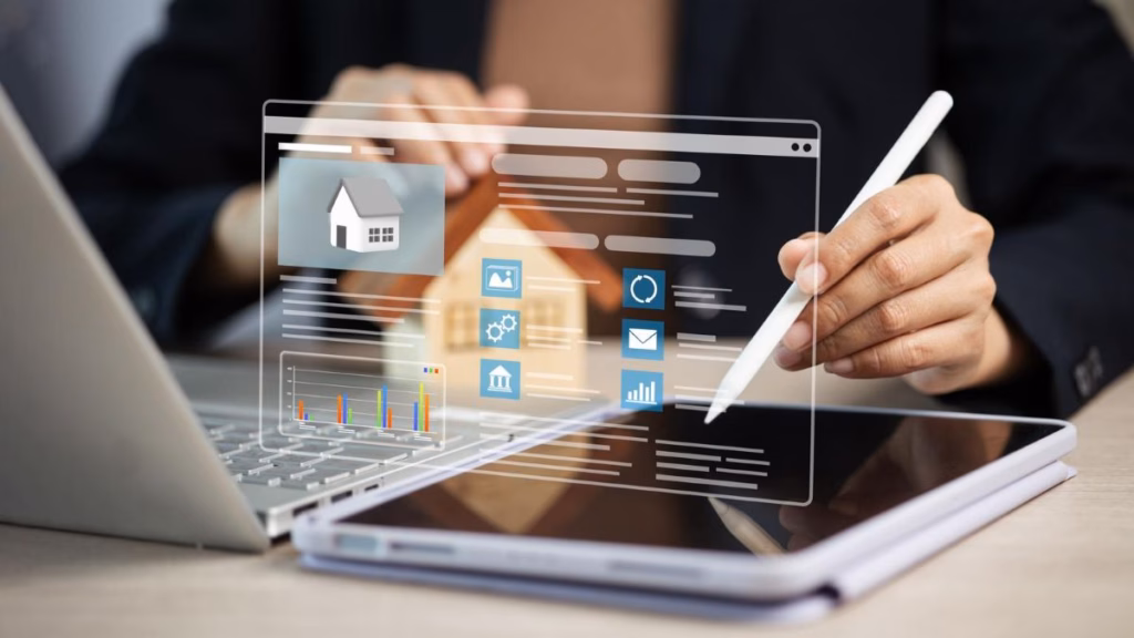 Investor viewing tokenized real estate data and analytics on a digital dashboard