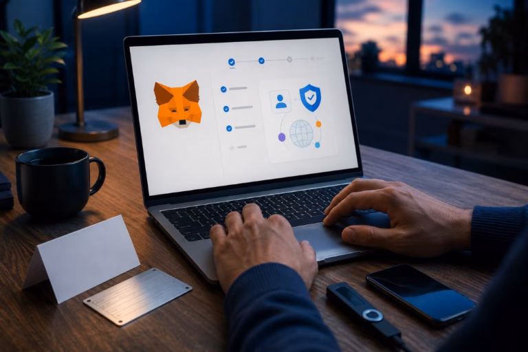 Person setting up MetaMask with an offline recovery backup and hardware wallet