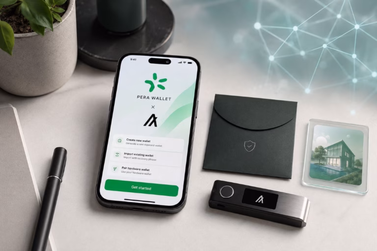 Pera Wallet setup screen with Algorand, offline recovery storage and a hardware wallet