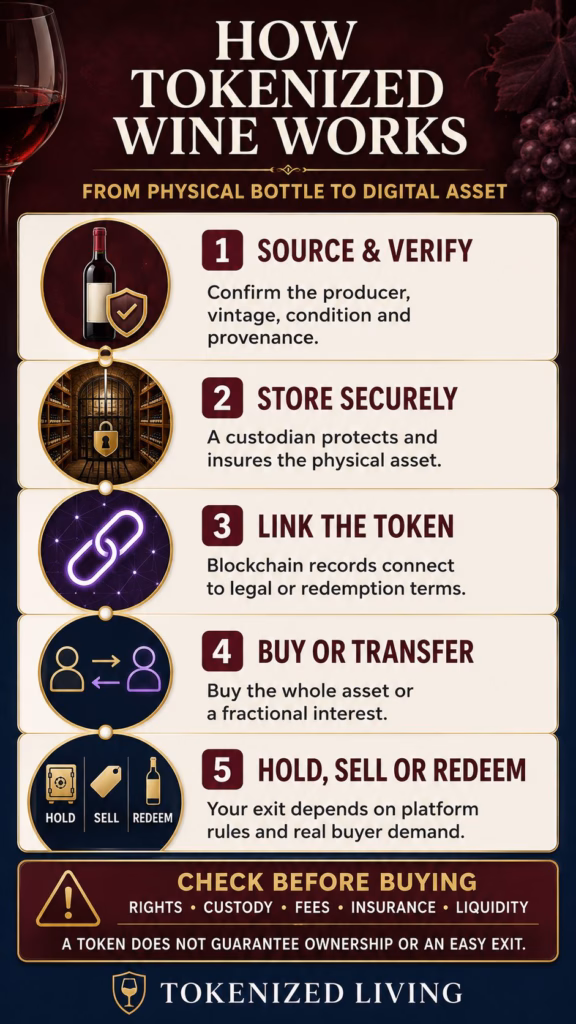 Five steps in tokenized wine: verification, secure storage, token linking, purchase, and resale or redemption.