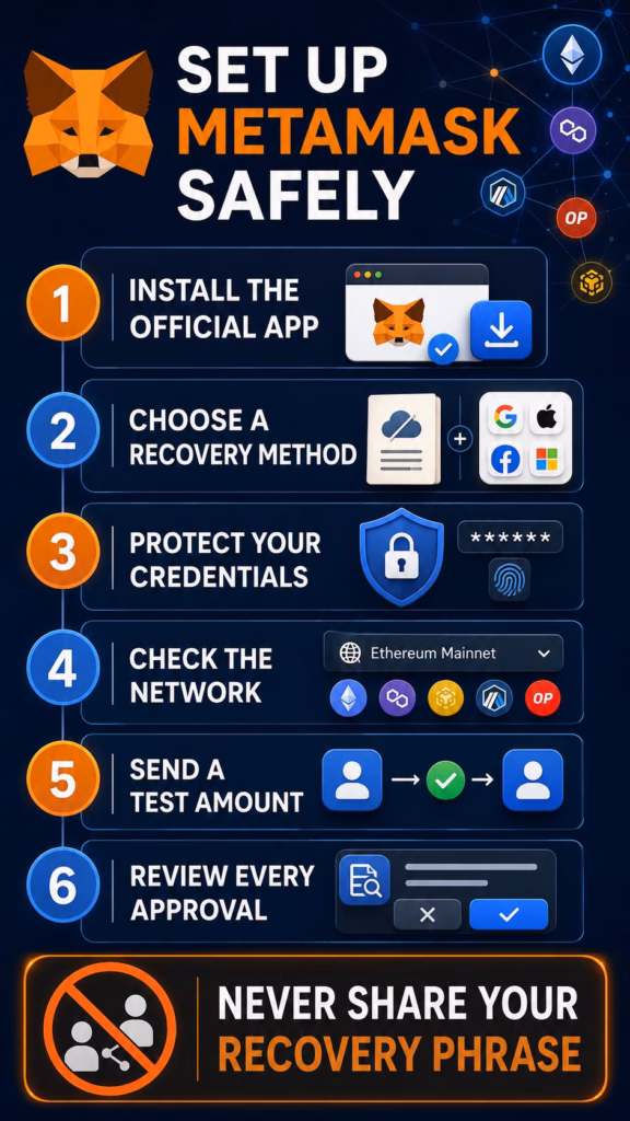Six-step MetaMask safety checklist covering installation, recovery, networks and approvals
