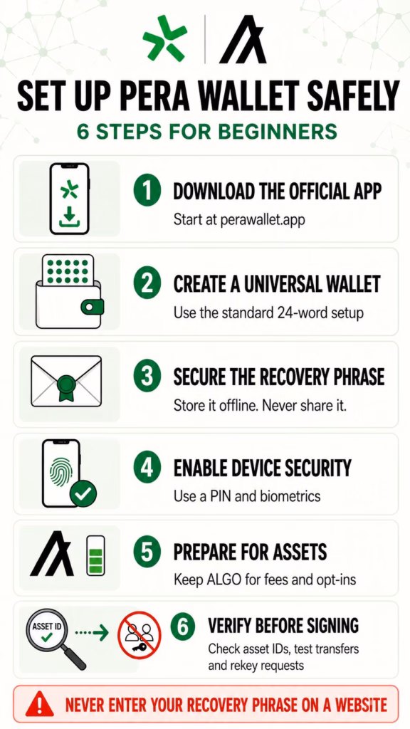 Six-step Pera Wallet safety checklist covering recovery, fees, asset IDs and transaction signing
