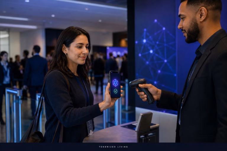 Attendee verifying a token-gated event pass from a digital wallet at a conference entrance.