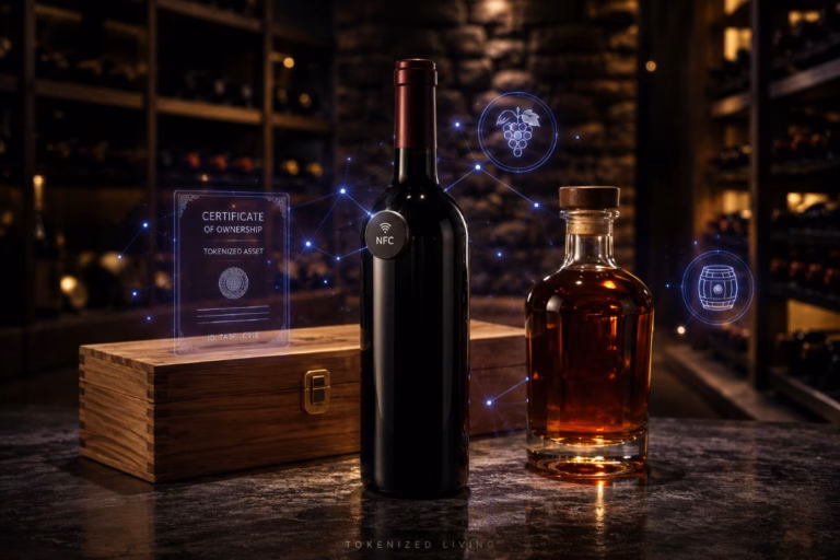 Tokenized wine and whisky bottles connected to a blockchain provenance record in a climate-controlled cellar.
