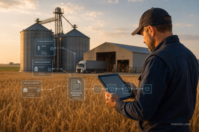 Farmer reviewing tokenized grain inventory linked to a verified warehouse receipt