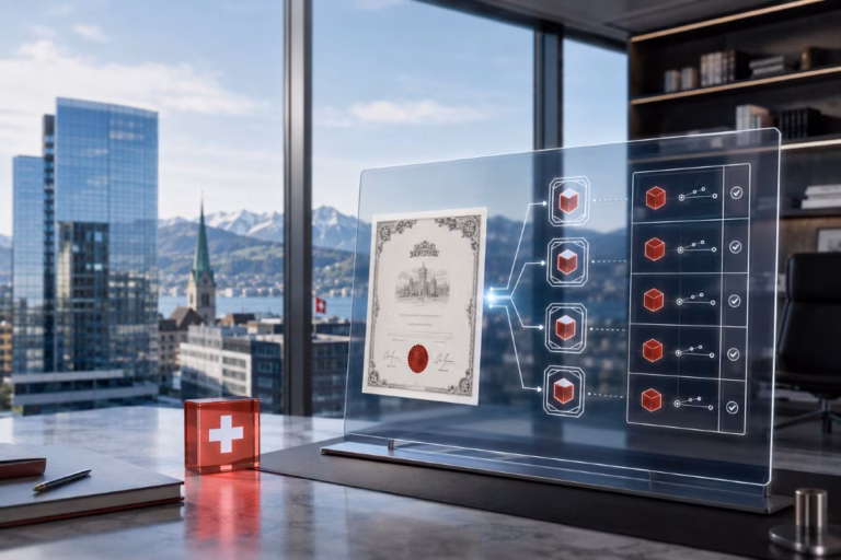 Aktionariat infrastructure connecting Swiss company shares with blockchain-based shareholder records.