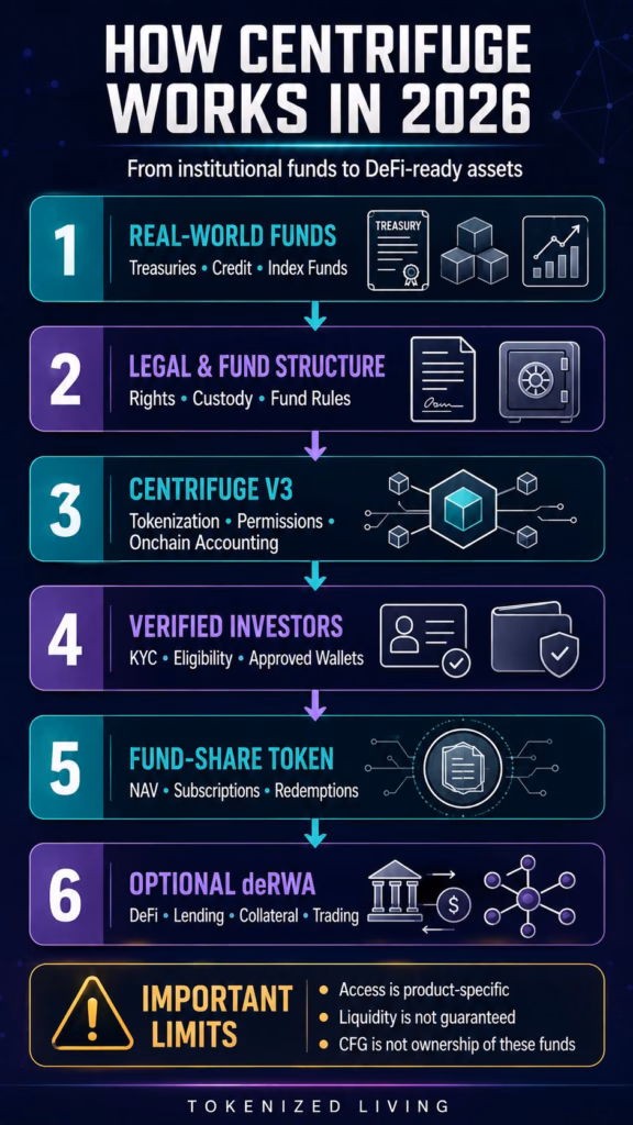 Infographic showing how Centrifuge structures real-world funds, verifies investors, issues tokenized fund shares and connects eligible assets with DeFi.