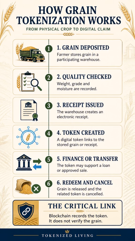 Six-step grain tokenization process from warehouse deposit to token redemption