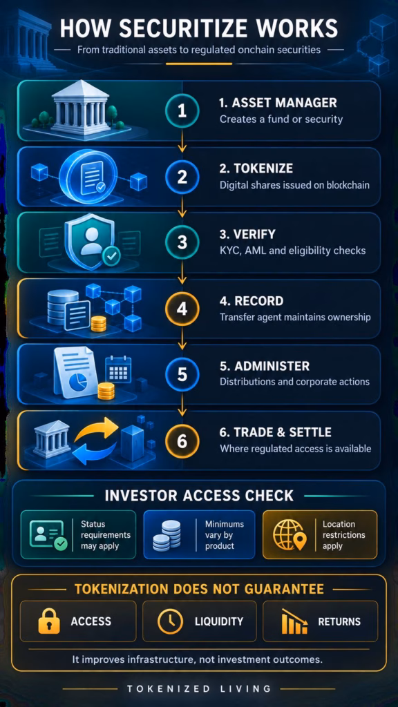 Infographic showing Securitize’s tokenization, investor verification, transfer-agent records, administration and regulated trading process.