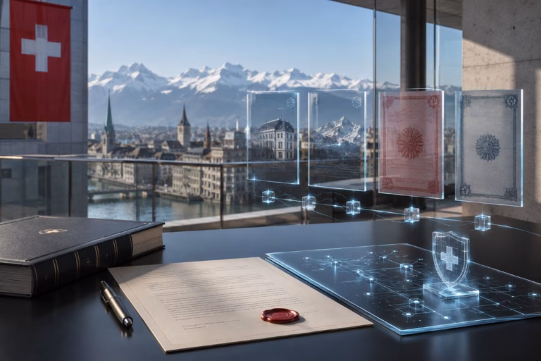Swiss legal documents and tokenized securities connected through regulated blockchain infrastructure.
