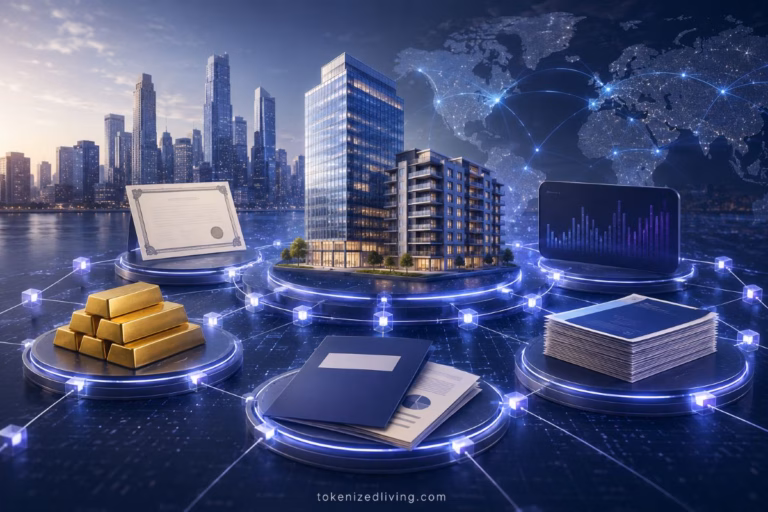 Tokenized real-world assets market showing real estate, bonds, gold and institutional funds connected through blockchain networks.