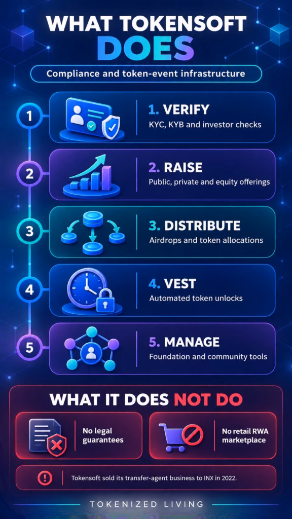 Infographic showing Tokensoft’s verification, fundraising, token distribution, vesting and foundation-management services.