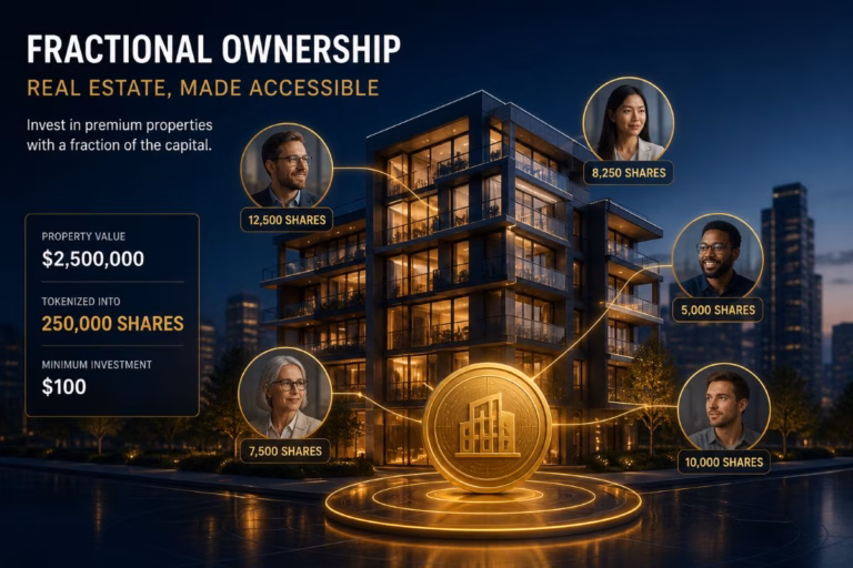 Illustration showing fractional ownership in tokenized real estate with multiple investors connected to a luxury apartment building through blockchain-based digital shares.