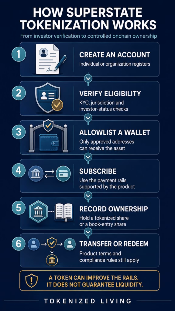 Six-step Superstate workflow from investor verification to tokenized ownership and restricted transfers.
