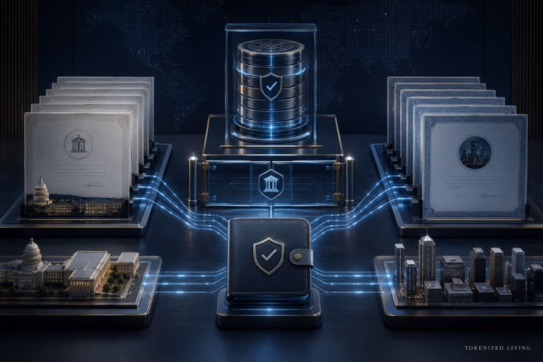 Institutional tokenized funds and public shares connected to a regulated digital ledger.