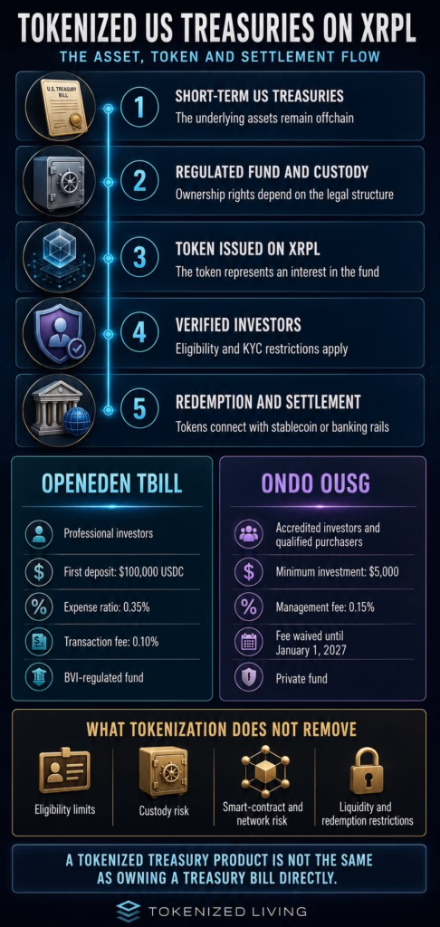 Infographic comparing OpenEden TBILL and Ondo OUSG while explaining how tokenized US Treasury products use XRPL.