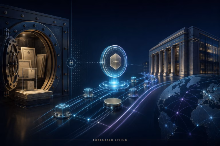Tokenized US Treasury assets moving from institutional custody through XRPL settlement rails into cross-border banking infrastructure.