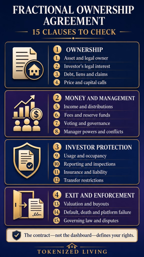 Infographic summarizing 15 clauses investors should check in a fractional ownership agreement