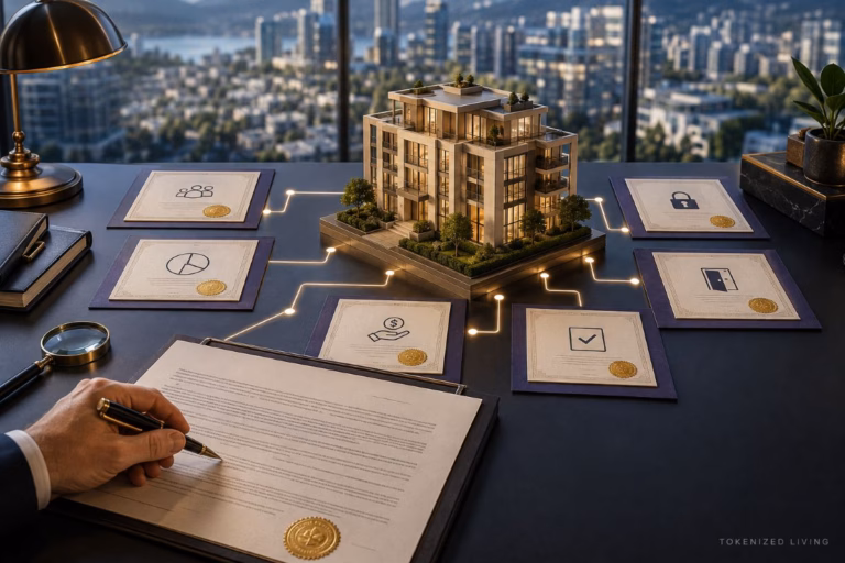 Investor reviewing a fractional ownership agreement beside a property divided into documented ownership interests