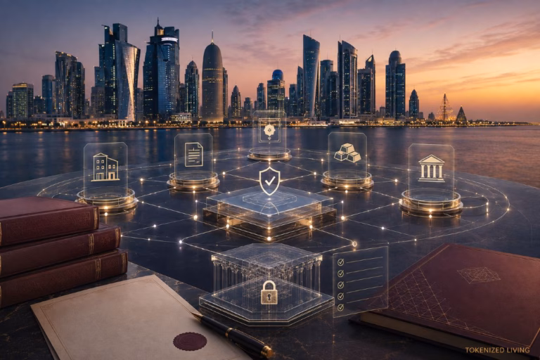 Doha skyline beside a regulated digital ledger representing Qatar’s tokenization framework