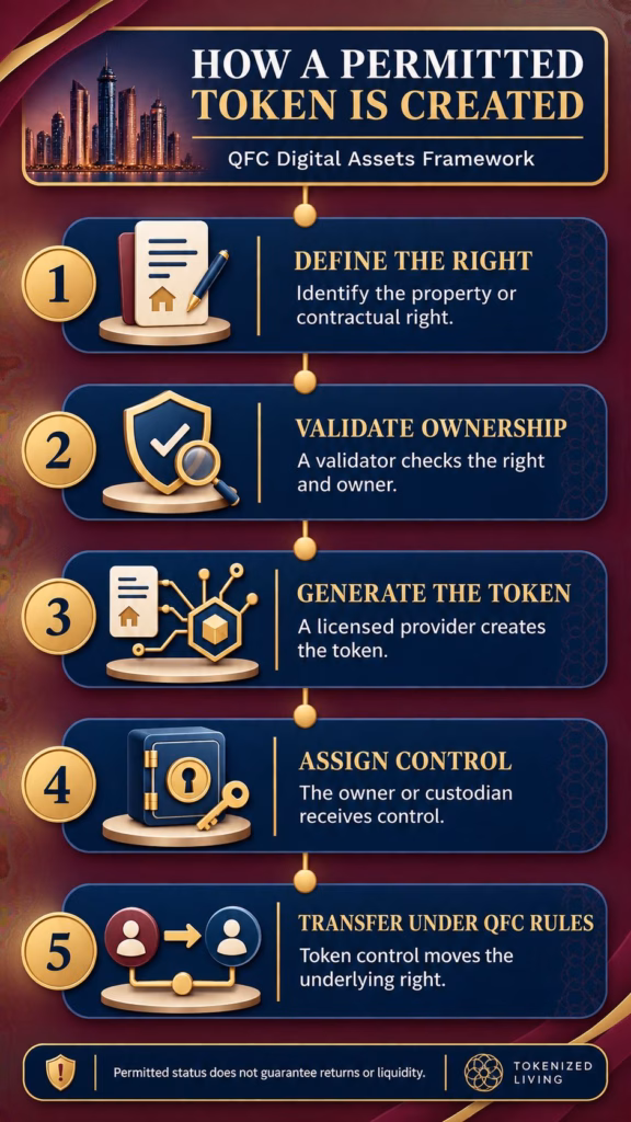 Five-step infographic showing how a permitted token is validated, generated, held, transferred and regulated in the QFC