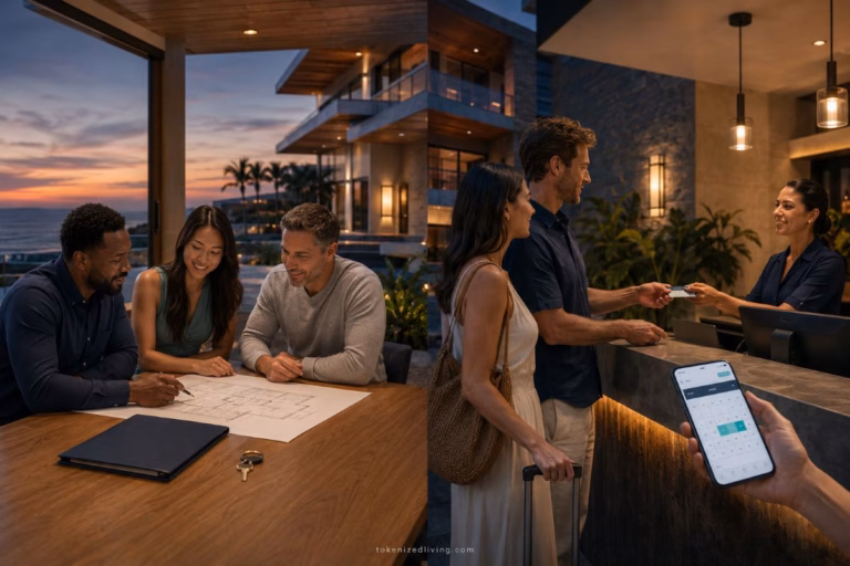 Fractional property co-owners reviewing a vacation home plan beside guests checking into a timeshare resort.