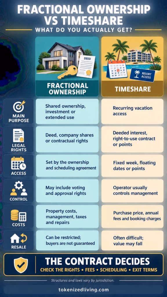 Infographic comparing fractional ownership and timeshares across purpose, legal rights, access, control, costs and resale.