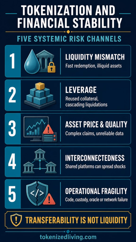 Infographic showing five tokenization financial stability risks: liquidity mismatch, leverage, asset quality, interconnectedness and operational fragility.