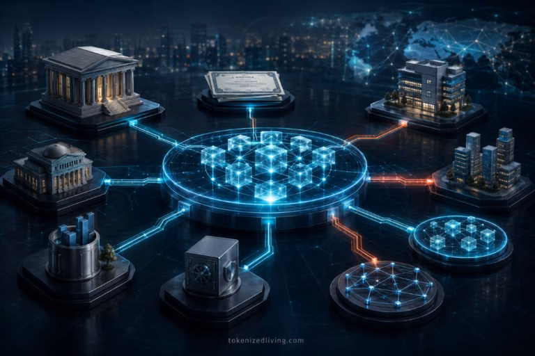 Tokenized financial network connecting banks, bonds, property and settlement infrastructure with highlighted systemic risk points.