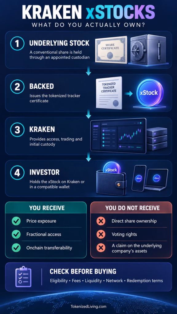 Infographic explaining how Kraken xStocks provide price exposure without direct share ownership or voting rights