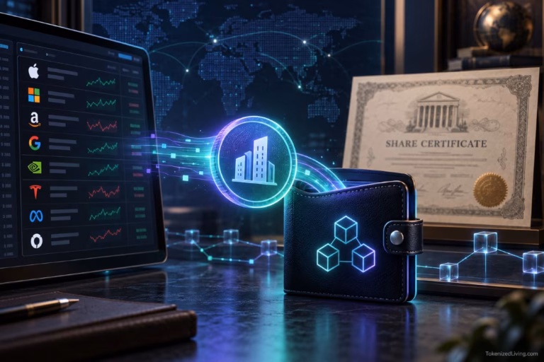 Kraken xStocks token moving from an exchange platform to a blockchain wallet beside a traditional share certificate