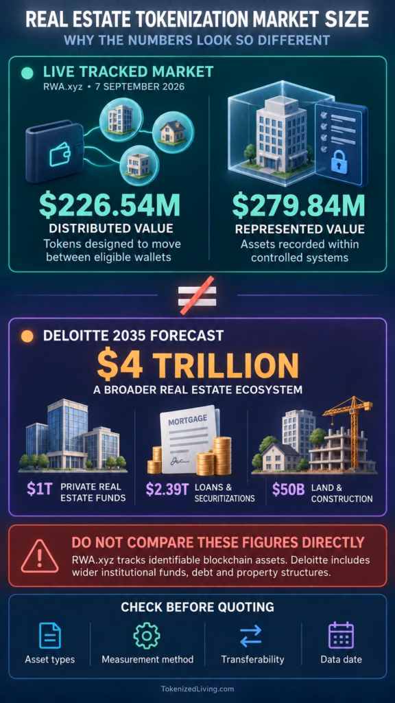 Infographic comparing $226.54 million in distributed tokenized real estate with Deloitte’s $4 trillion 2035 forecast