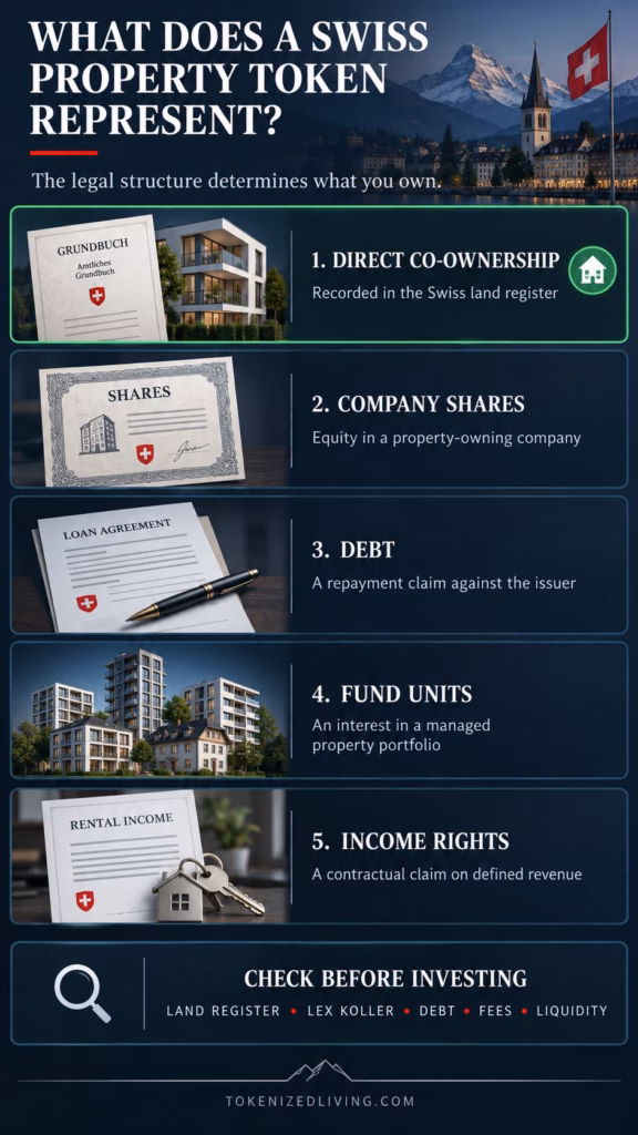Five legal rights a Swiss property token may represent, including co-ownership, shares, debt, fund units and income rights.