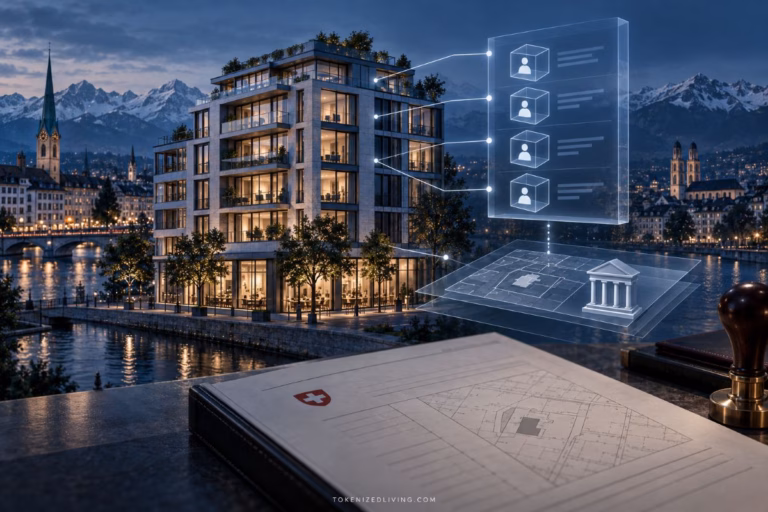 Swiss property connected to blockchain ownership records and a land register in Zurich.