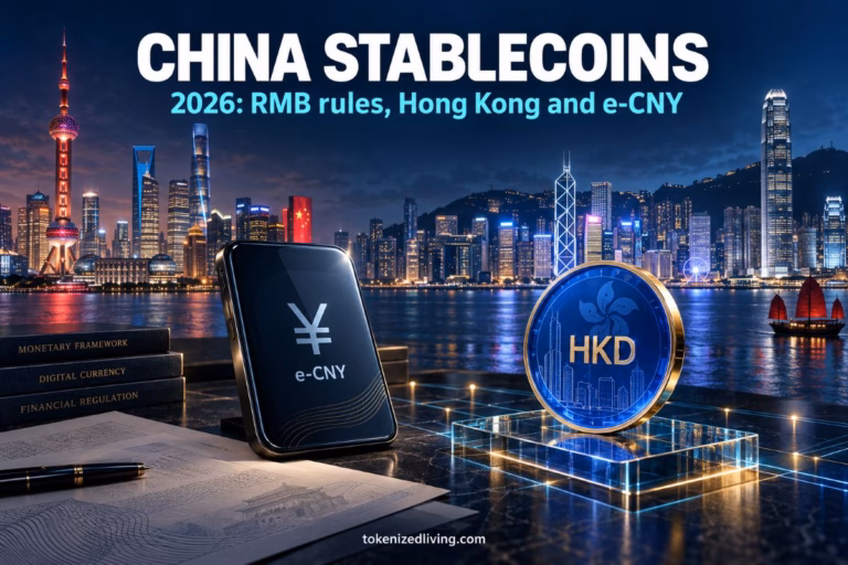 e-CNY wallet and HKD token against the Shanghai and Hong Kong skylines.