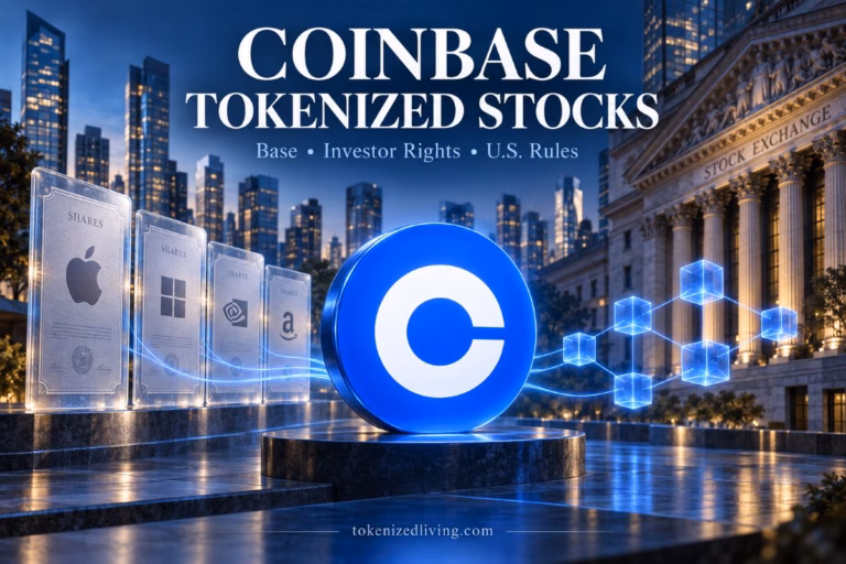 Coinbase tokenized stocks illustrated with share certificates, a blockchain network and a stock exchange.
