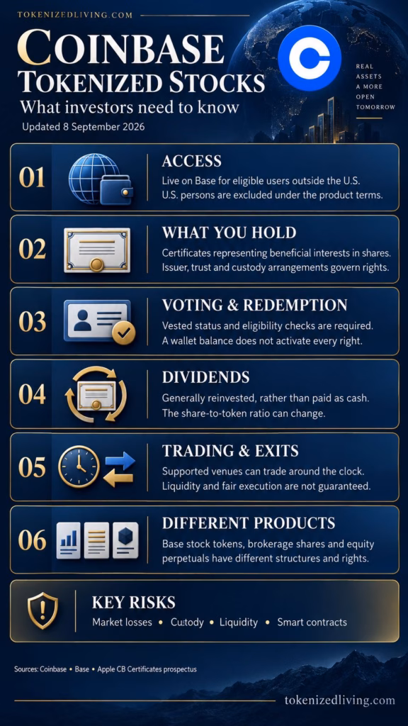 Infographic explaining Coinbase tokenized stock access, ownership, voting rights, dividend reinvestment and trading risks.