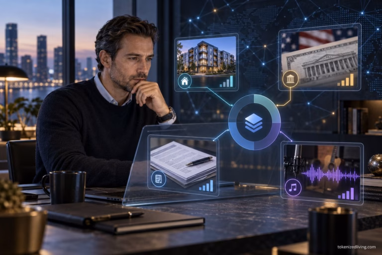 Investor examining tokenized income sources connected to real estate, Treasury assets, private credit and music royalties.
