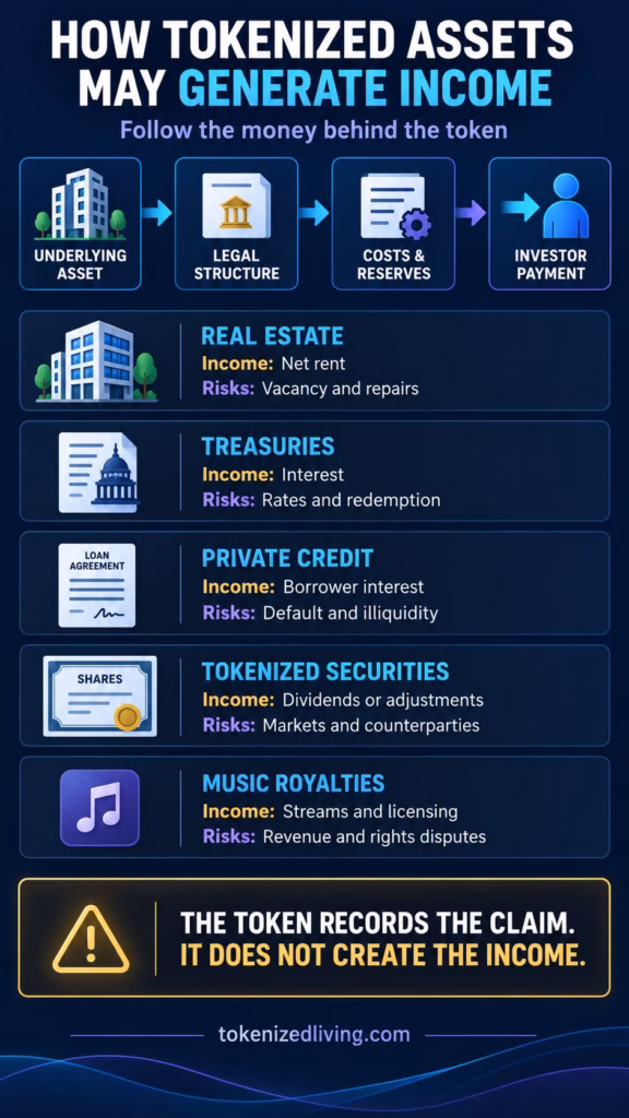 Infographic explaining how real estate, Treasuries, private credit, tokenized securities and music royalties may generate investor income.