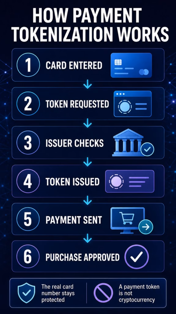 Six-step infographic showing how card details become a secure payment token