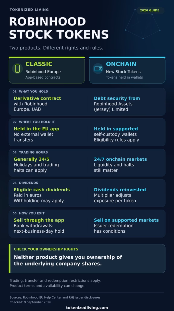 Comparison of Robinhood Classic and onchain Stock Tokens covering ownership, custody, trading hours, dividends and exits.
