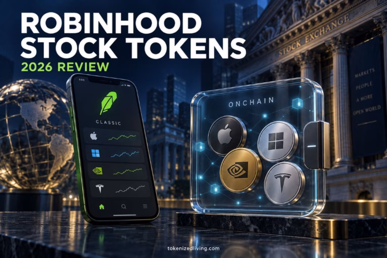 Robinhood app beside a digital wallet containing stock tokens, with a stock exchange in the background.