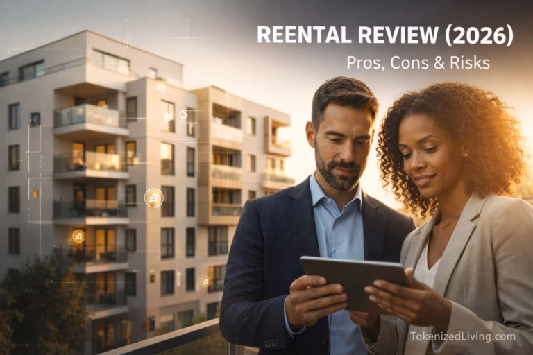 Realistic apartment building with subtle digital overlay illustrating tokenized real estate investing for a Reental review.