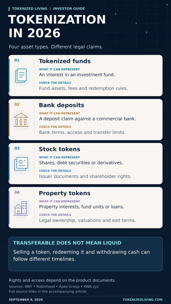 Comparison of tokenized funds, bank deposits, stock tokens and property tokens, showing legal claims and investor checks.
