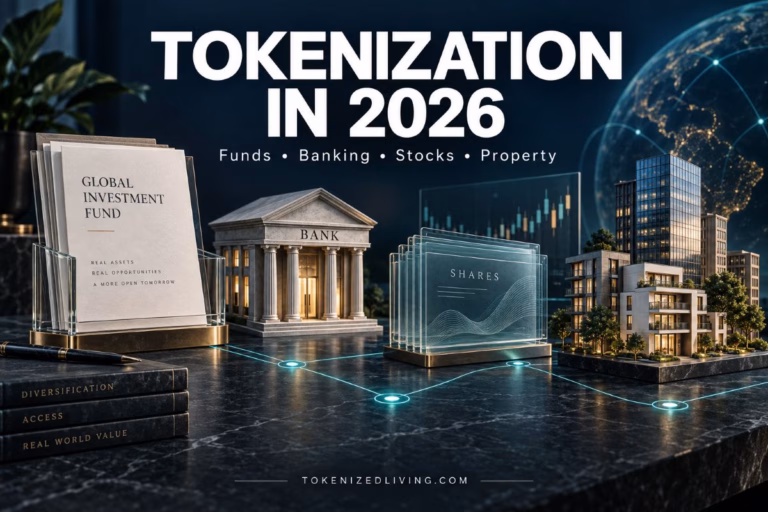 Investment funds, a bank, share certificates and property connected by a digital network.