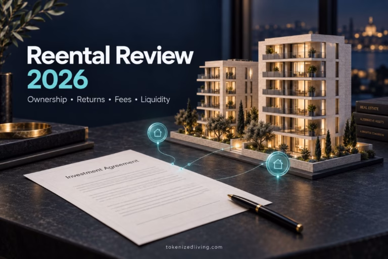 Reental review illustration showing apartment buildings, an investment agreement and digital tokens.