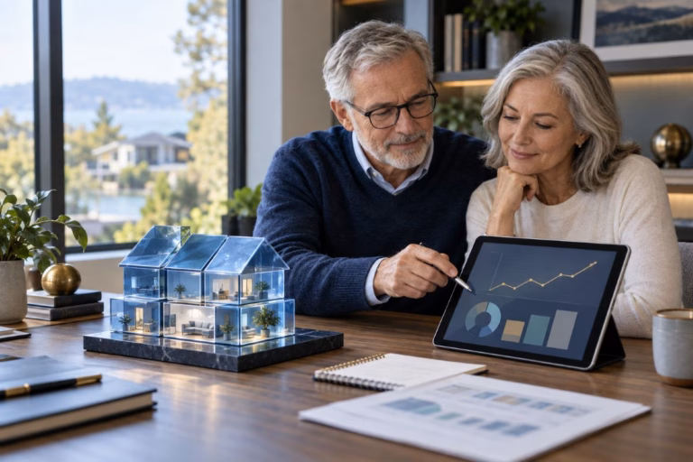 Older couple reviewing a retirement portfolio beside a fractional real estate model and investment charts.