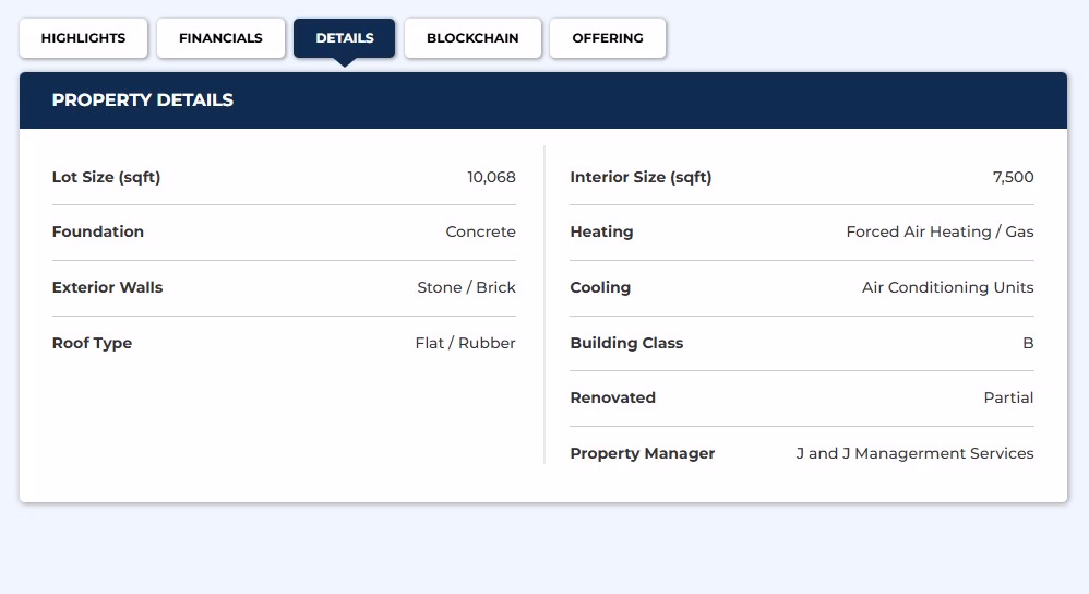 RealT property details including construction type, size, and building specifications for tokenized asset
