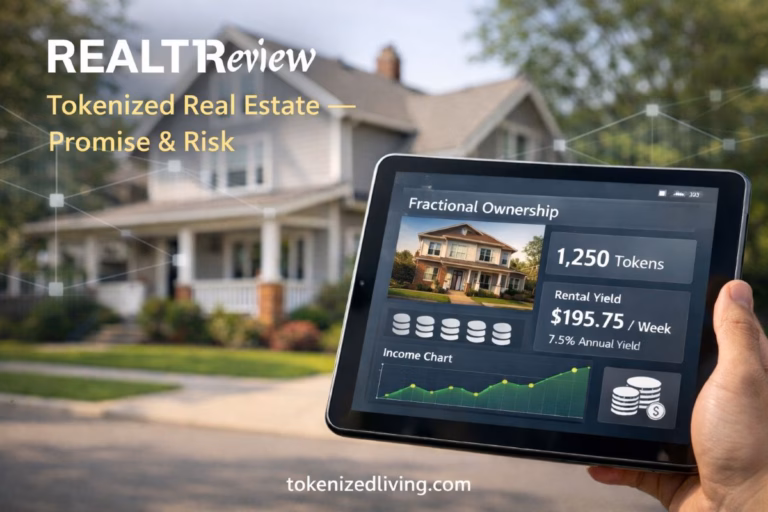 RealT review featured image showing tokenized real estate dashboard over U.S. rental property – tokenizedliving.com
