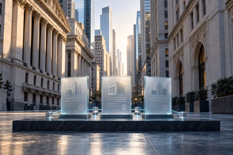 Glass securities cards connected by digital ledger nodes against a Wall Street-style financial district.
